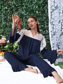 SHEIN Đáy ngủ Nữ Xù Sọc Thanh lịch - Màu xanh hải quân - Xem 5