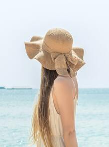1 Pièce Chapeau De Soleil Femme Printemps/été Avec Bordure Ondulée Et Ruban, Idéal Pour La Plage, Les Voyages Ou Les Vacances Boho