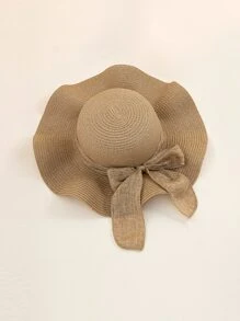 1 Pièce Chapeau De Soleil Femme Printemps/été Avec Bordure Ondulée Et Ruban, Idéal Pour La Plage, Les Voyages Ou Les Vacances Boho