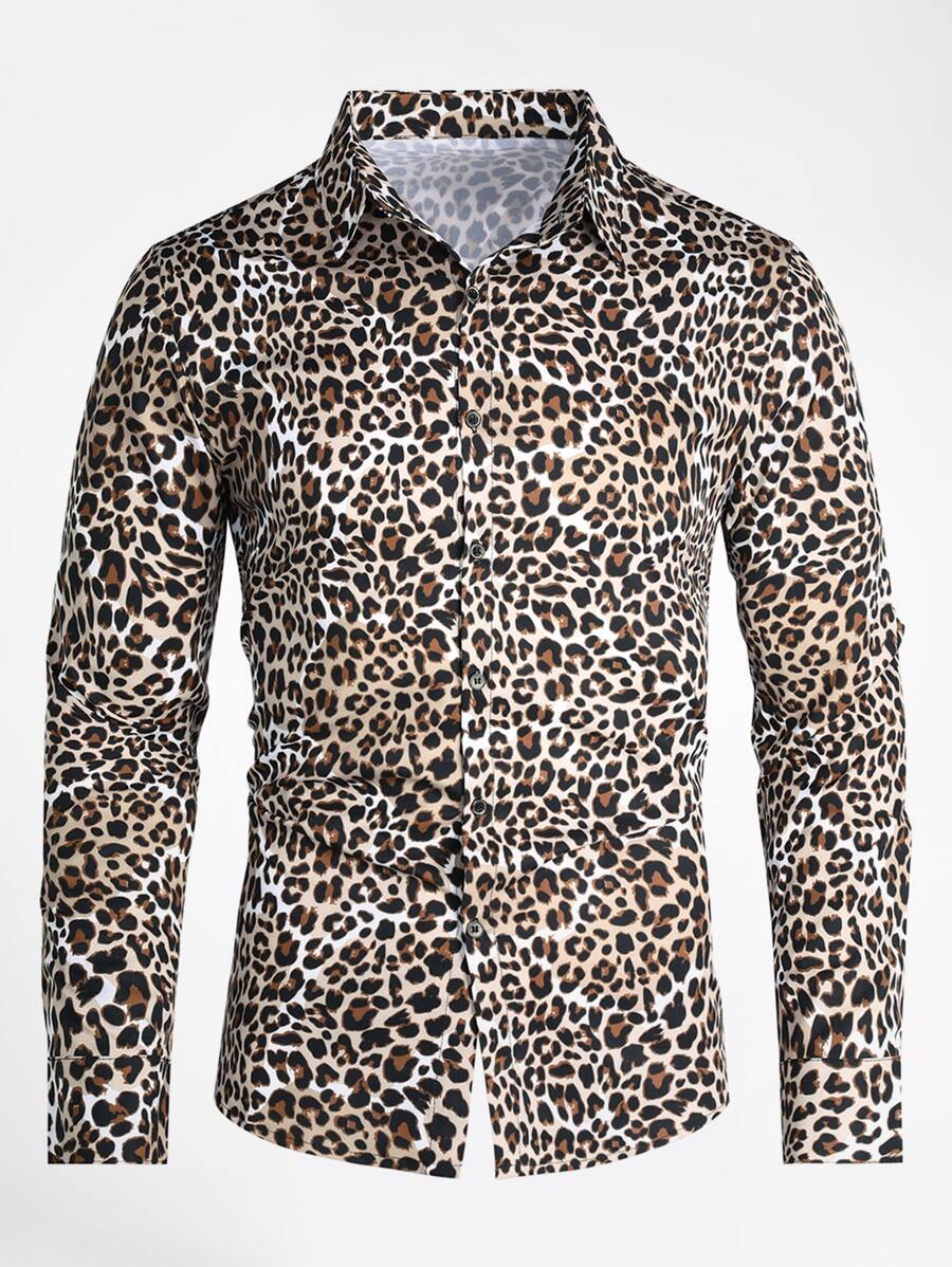 Hombres Camisa con estampado de leopardo con botón - Multicolor - Ver 1