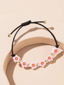 Flower & Bead Decor Bracelet - Pink - View 1