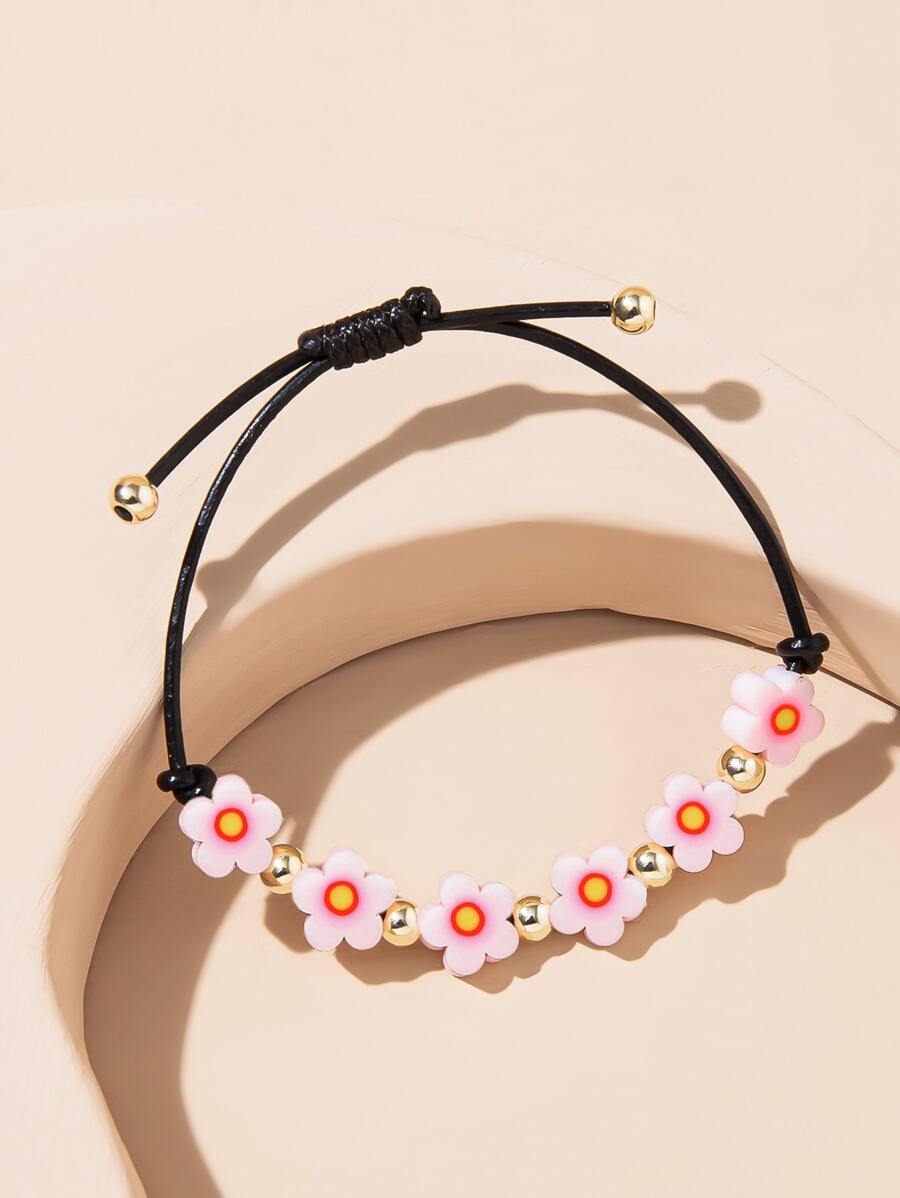 Flower & Bead Decor Bracelet - Pink - View 1