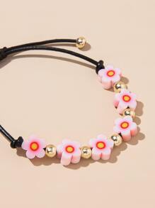 Flower & Bead Decor Bracelet - Pink - View 2