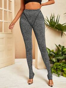 雜色針織頂針緊身打底褲 - 灰色 - 查看 3