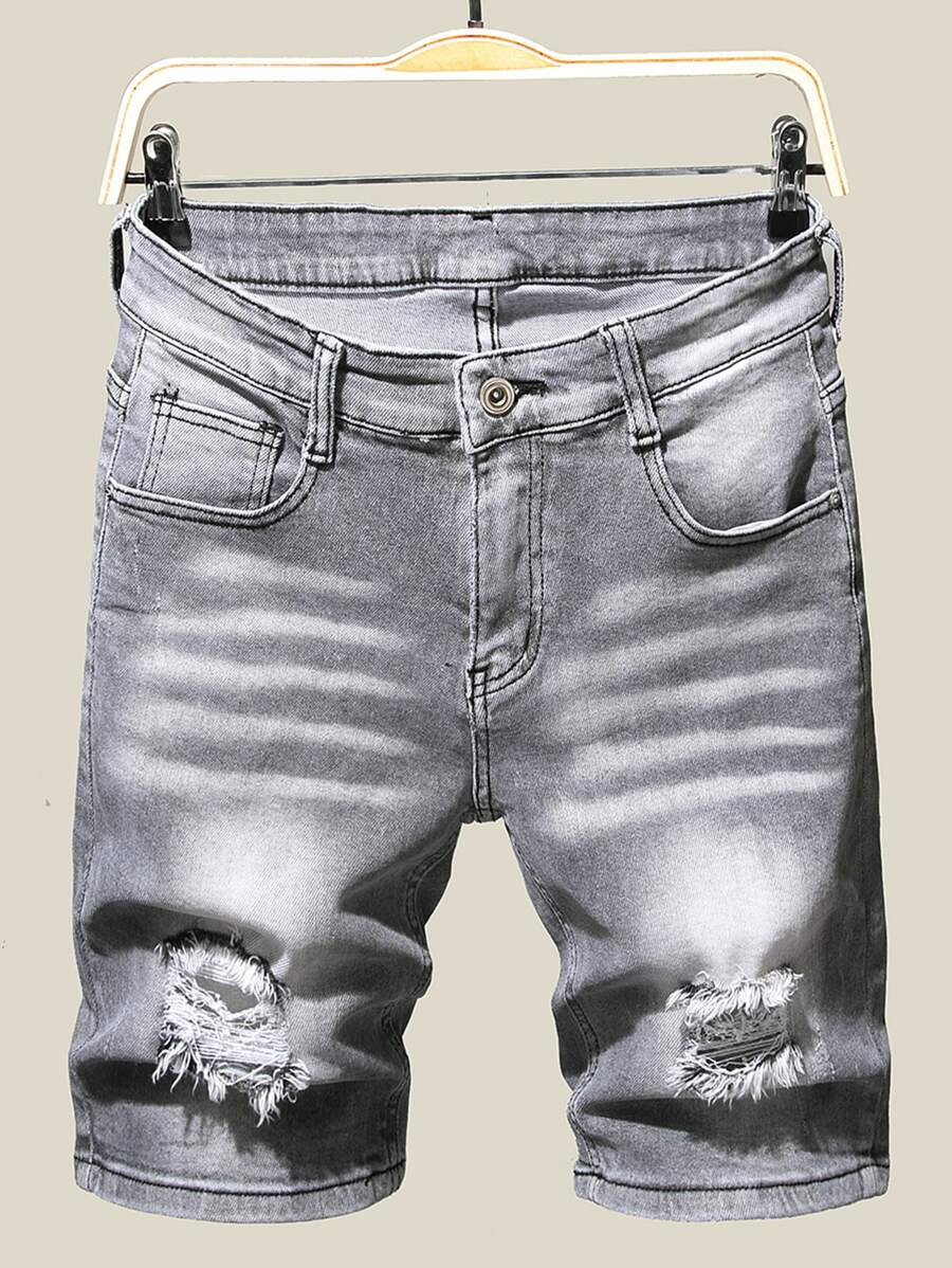 Manfinity LEGND Men Cotton Cat Whisker Washed Ripped Denim Shorts - Grey - View 1