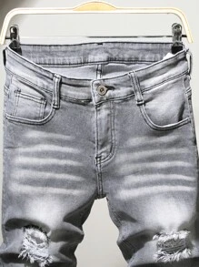 Manfinity LEGND Men Cotton Cat Whisker Washed Ripped Denim Shorts - Grey - View 5