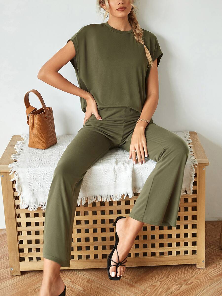 Batwing Sleeve Solid Top & Trousers Set