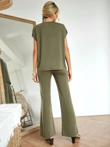 Batwing Sleeve Solid Top & Trousers Set