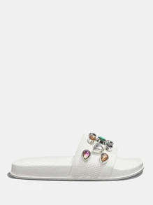 Cuccoo Gemstone Decor Knit Detail Slides - White - View 5