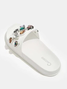 Cuccoo Gemstone Decor Knit Detail Slides - White - View 4