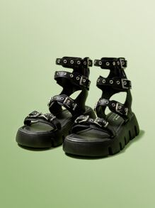 ROMWE Grunge Punk Eyelet & Buckle Decor Gladiator Sandals - Black - View 1
