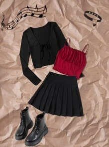 ROMWE Grunge Punk unicolor pecho con fruncido Cami & unicolor de canalé Top & Falda fruncido - Multicolor - Ver 2