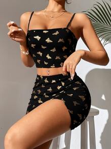 SHEIN PETITE 金色蝴蝶圖案吊帶上衣和開衩短裙 - 黑色 - 查看 3