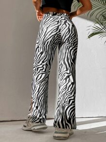 SHEIN PETITE Zebra Striped Flare Leg Trousers - Black and White - View 2
