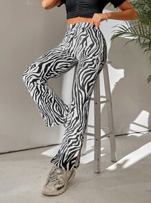 SHEIN PETITE Zebra Striped Flare Leg Trousers - Black and White - View 3
