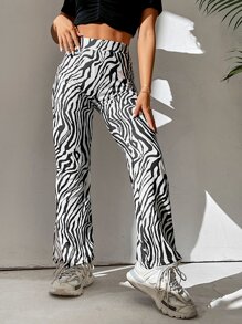SHEIN PETITE Zebra Striped Flare Leg Trousers - Black and White - View 4