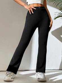 SHEIN PETITE Solid Flare Leg Trousers - Black - View 3