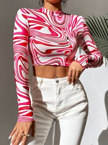 SHEIN PETITE Camiseta corta con estampado de cuello alto - Multicolor - Ver 3