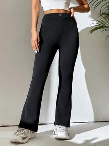 SHEIN PETITE Solid Flare Leg Trousers - Black - View 5