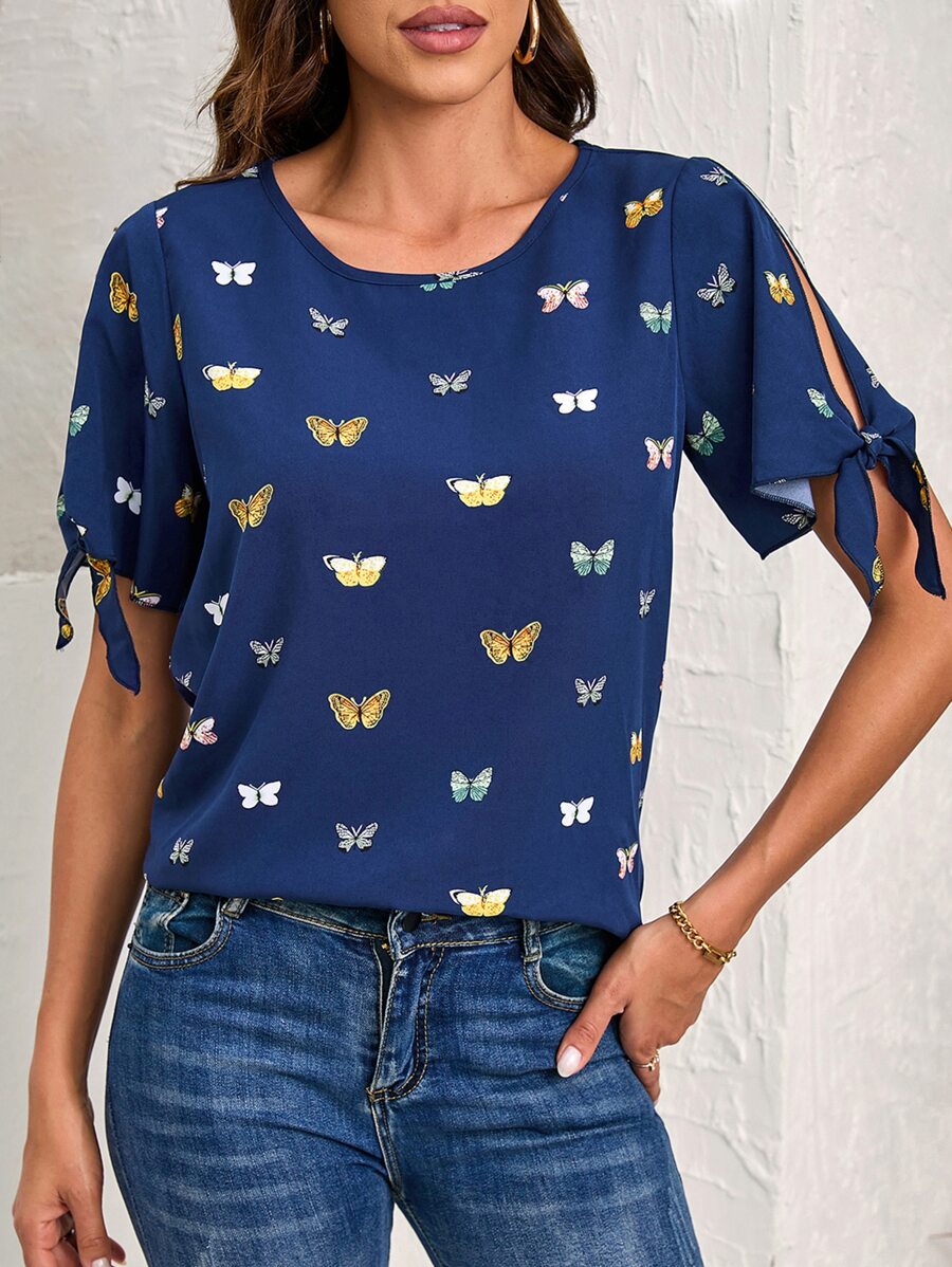 Blusa con estampado de mariposa de manga con abertura de puño con nudo - Azul Marino - Ver 1