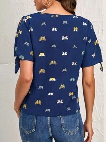 Blusa con estampado de mariposa de manga con abertura de puño con nudo - Azul Marino - Ver 2
