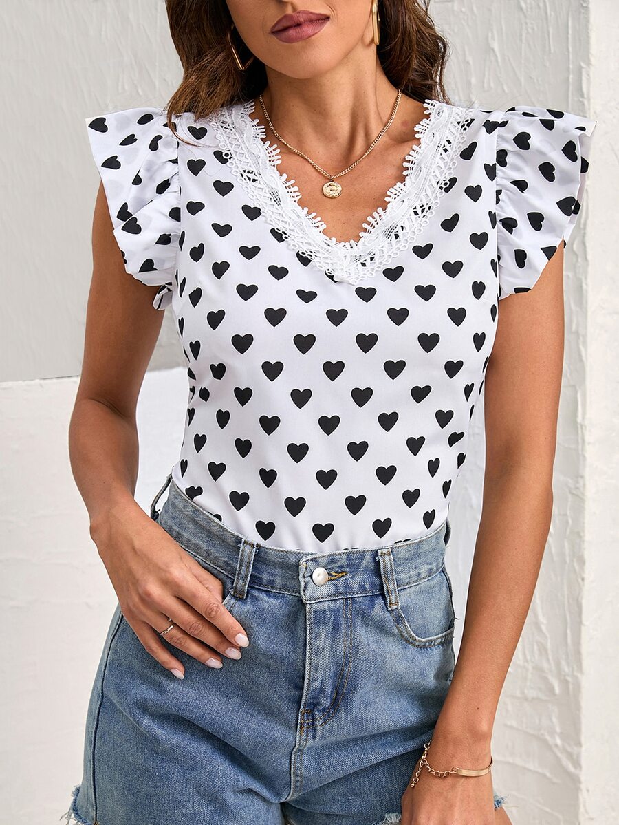 滿版心形印花蝴蝶袖凸花蕾絲細節襯衫 - 白色 - 查看 1