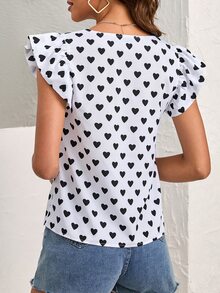 滿版心形印花蝴蝶袖凸花蕾絲細節襯衫 - 白色 - 查看 2