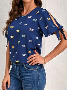 Blusa con estampado de mariposa de manga con abertura de puño con nudo - Azul Marino - Ver 3