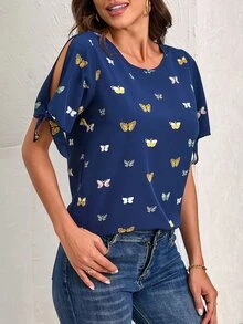 Blusa con estampado de mariposa de manga con abertura de puño con nudo - Azul Marino - Ver 4