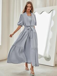 Al Najma 大翻領燈籠袖荷葉邊腰帶阿拉伯罩袍 - 霧霾藍 - 查看 1