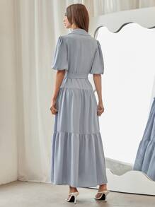 Al Najma 大翻領燈籠袖荷葉邊腰帶阿拉伯罩袍 - 霧霾藍 - 查看 2