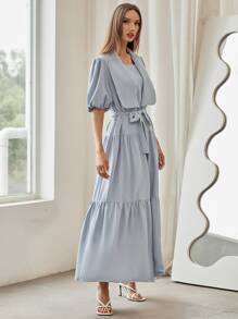 Al Najma 大翻領燈籠袖荷葉邊腰帶阿拉伯罩袍 - 霧霾藍 - 查看 3