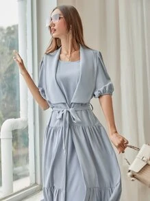 Al Najma 大翻領燈籠袖荷葉邊腰帶阿拉伯罩袍 - 霧霾藍 - 查看 4