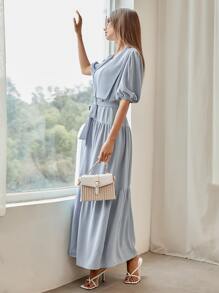 Al Najma 大翻領燈籠袖荷葉邊腰帶阿拉伯罩袍 - 霧霾藍 - 查看 5