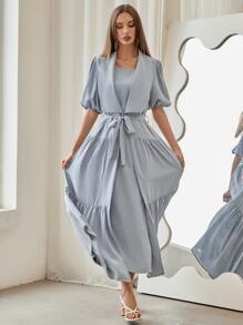 Al Najma 大翻領燈籠袖荷葉邊腰帶阿拉伯罩袍 - 霧霾藍 - 查看 6