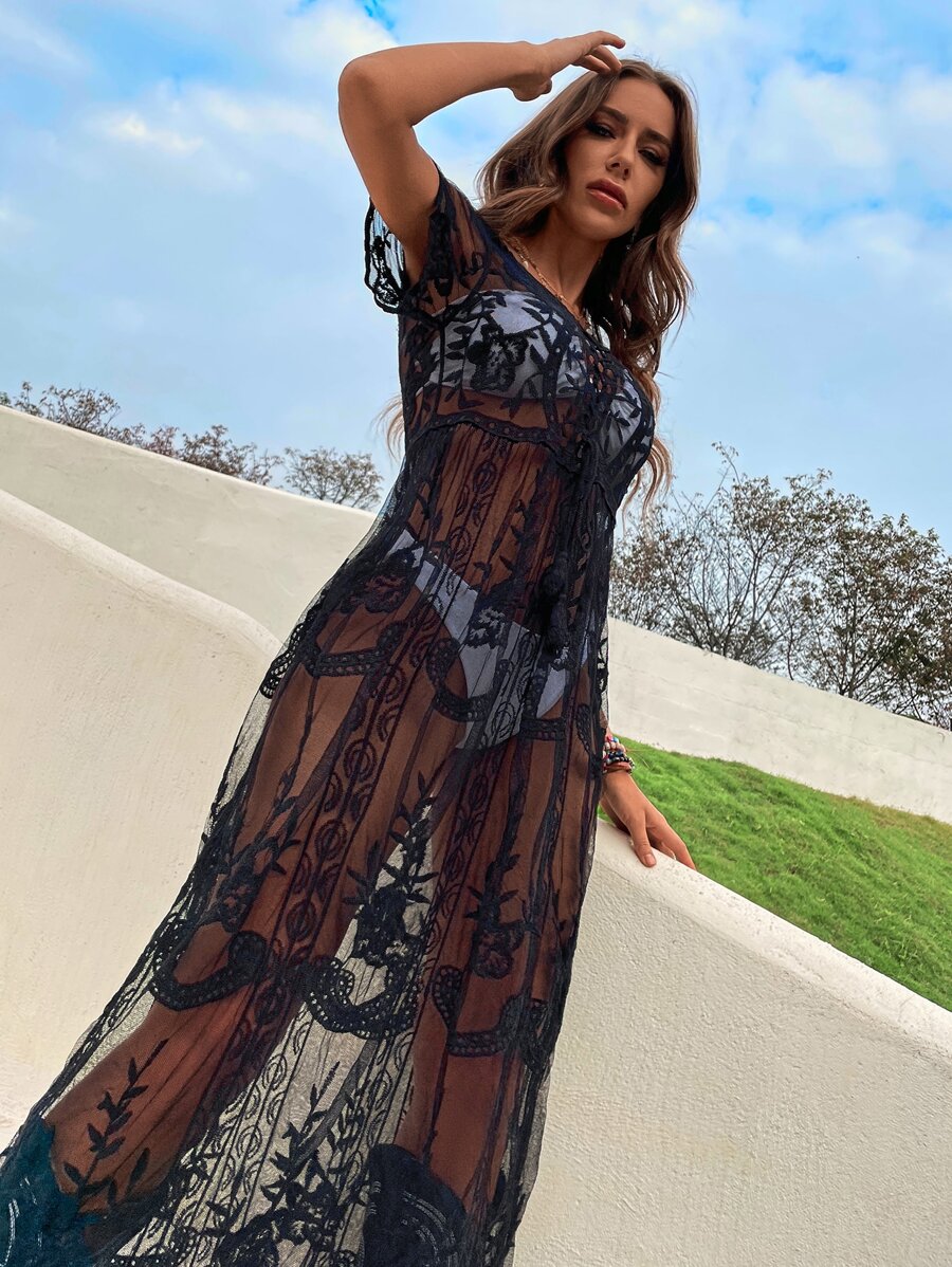 SHEIN Swim Embroidery Mesh Lace-Up Cover Up,Summer Beach - Black - View 1