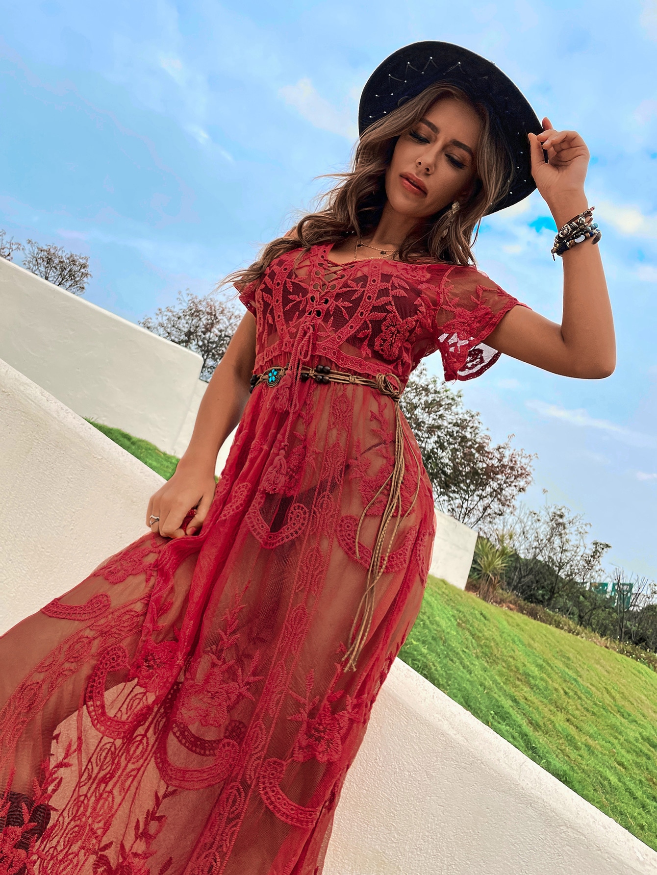 Embroidery Mesh Laceup Cover Up SHEIN USA