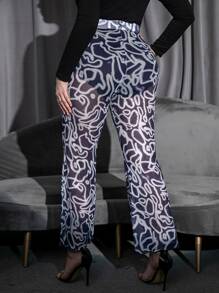 Plus Allover Print Mesh Flare Leg Trousers Without Panty - Black and White - View 2