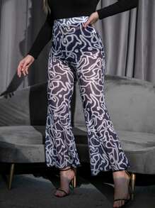 Plus Allover Print Mesh Flare Leg Trousers Without Panty - Black and White - View 4