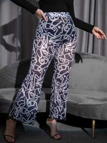 Plus Allover Print Mesh Flare Leg Trousers Without Panty - Black and White - View 5