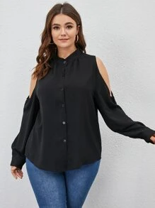 Plus Cold Shoulder Button Front Blouse - Black - View 1