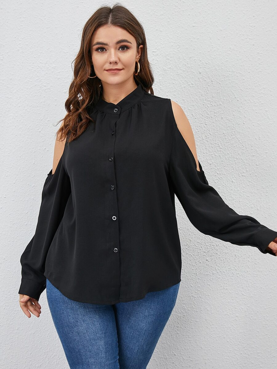 Plus Cold Shoulder Button Front Blouse - Black - View 1