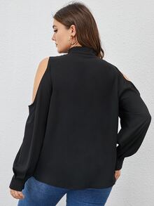 Plus Cold Shoulder Button Front Blouse - Black - View 2