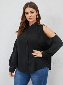 Plus Cold Shoulder Button Front Blouse - Black - View 3
