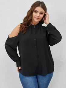 Plus Cold Shoulder Button Front Blouse - Black - View 4
