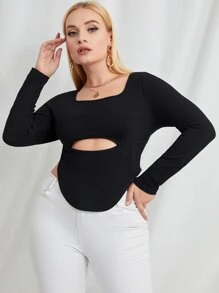 Plus Cut Out Curved Hem Crop Tee - Black - View 1
