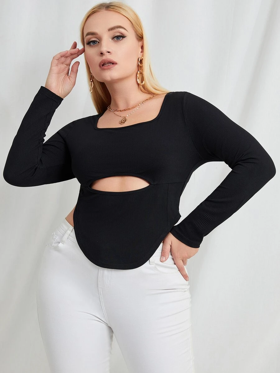 Plus Cut Out Curved Hem Crop Tee - Black - View 1