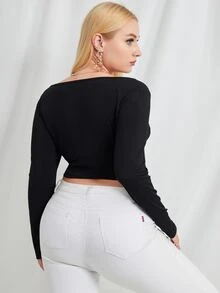 Plus Cut Out Curved Hem Crop Tee - Black - View 2