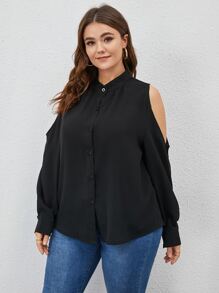 Plus Cold Shoulder Button Front Blouse - Black - View 5