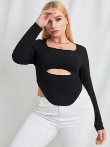 Plus Cut Out Curved Hem Crop Tee - Black - View 4